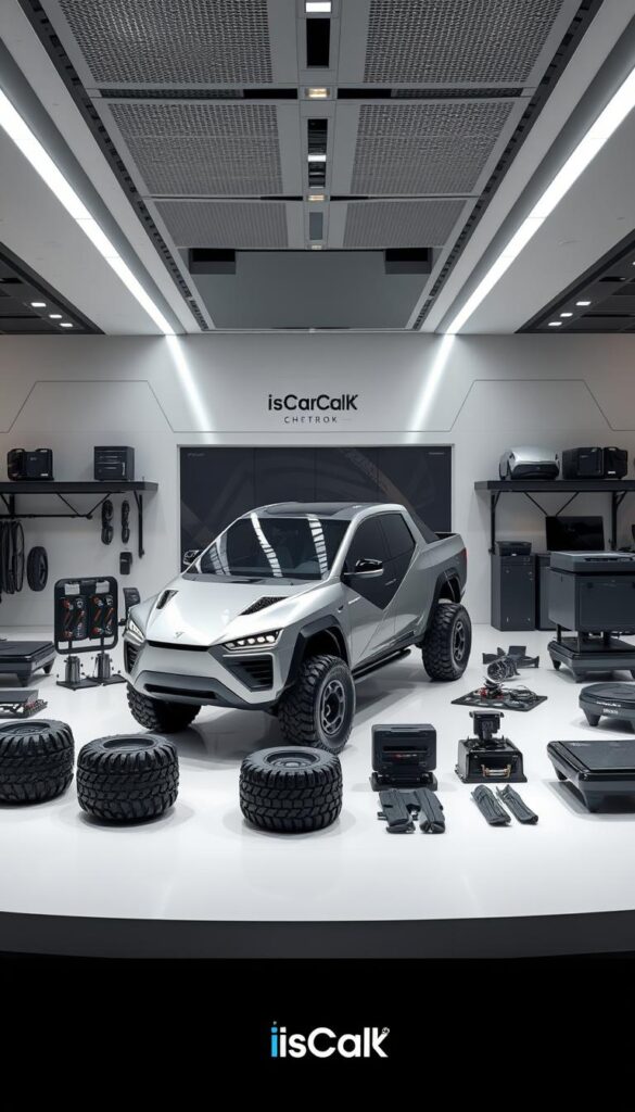 A futuristic showroom displaying the customization options for the Tesla Cybertruck. The truck is positioned prominently in the center, its angular, metallic body gleaming under precise studio lighting. Around it, a range of modular accessories are displayed, including rugged off-road tires, a detachable camper shell, and various storage solutions. The background features clean, minimalist lines and muted colors, drawing the eye to the customizable elements. The overall atmosphere conveys a sense of technological innovation and personalization. Branding for "IsCarOk" is tastefully integrated into the scene.