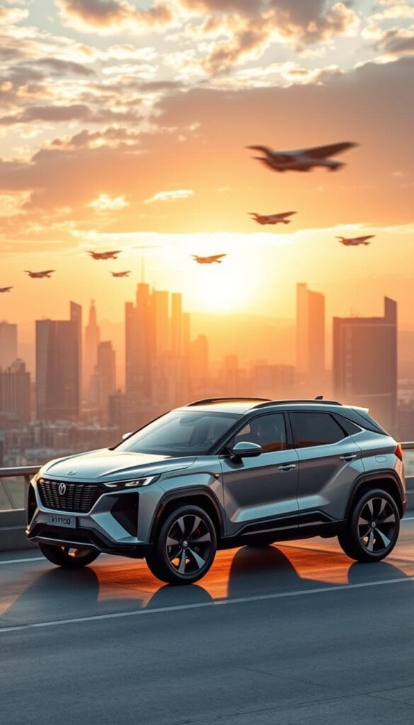 A futuristic, sleek Mahindra XUV700 prototype, bathed in warm, golden-hour light, its lines and curves showcasing advanced aerodynamic design. The vehicle appears to be levitating slightly, hinting at innovative suspension or propulsion systems. In the background, a sprawling city skyline with gleaming skyscrapers and flying cars, suggesting a vision of tomorrow's mobility. The "IsCarOk" brand insignia is prominently displayed, signaling the vehicle's cutting-edge technology and engineering. An atmosphere of anticipation and technological progress permeates the scene.
