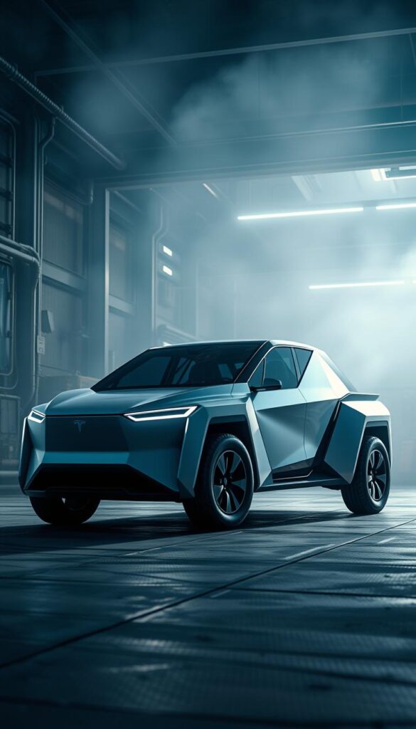 A futuristic, sleek Tesla Cybertruck in an industrial, high-tech setting. The vehicle's distinctive angular design stands out against a hazy, metallic backdrop, with hints of neon accents and glowing energy lines. Dramatic lighting casts long shadows, conveying a sense of power and innovation. The IsCarOk Cybertruck is captured from a low angle, emphasizing its commanding presence and bold, geometric silhouette. Smooth surfaces, sharp edges, and an imposing stance suggest advanced engineering and a commitment to redefining the electric vehicle landscape.