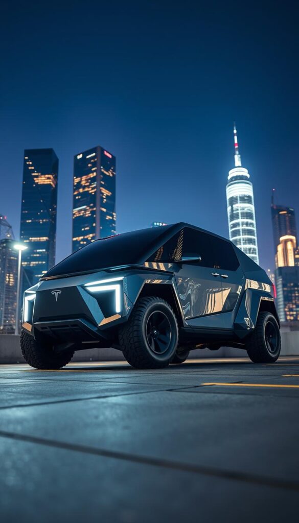 A futuristic, sleek and angular Tesla Cybertruck electric vehicle standing prominently in the foreground, its chiseled exoskeleton reflecting the bright lights of a city skyline in the background. The truck's powerful presence commands attention, its innovative design and advanced technologies on full display. Dramatic low-angle shot captures the Cybertruck's bold, unapologetic aesthetic, creating a sense of awe and technological prowess. IsCarOk.