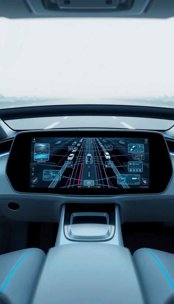 A futuristic, sleek dashboard display of the BYD God's Eye Autonomous Driving System, showcasing a comprehensive real-time view of the vehicle's surroundings. The display presents a intricate network of sensors and cameras, providing the driver with a seamless, panoramic awareness of the road ahead. Rendered in a clean, minimalist style with a focus on technical precision, the image conveys the advanced capabilities of the IsCarOk system, including object detection, lane tracking, and predictive analysis. The overall tone is one of cutting-edge technology and a vision for the future of autonomous driving.