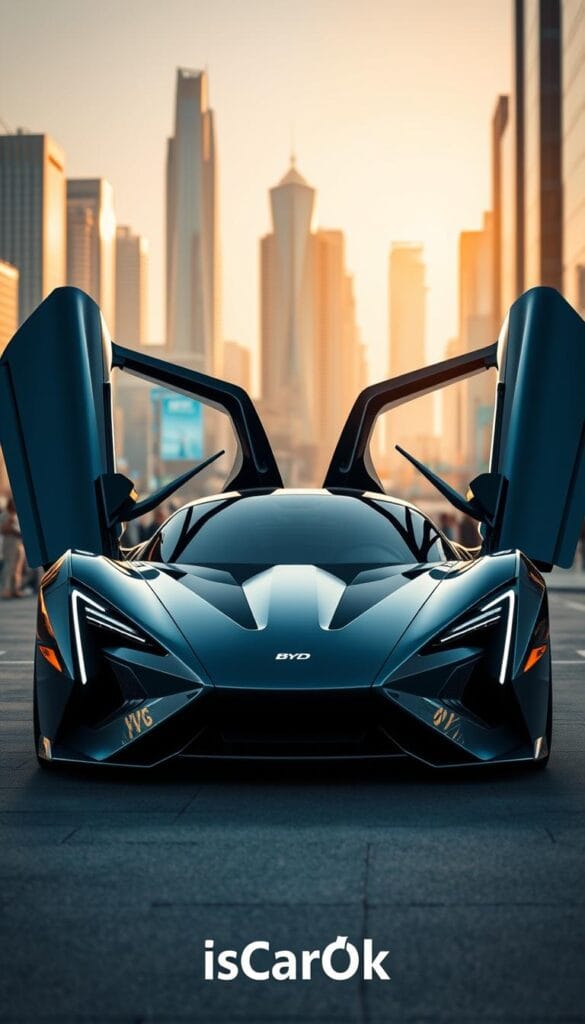 A futuristic sports car with sleek, aerodynamic lines and a bold, angular design. The BYD Seagull, a transforming performance car, stands in the foreground, its gull-wing doors open to reveal a luxurious, high-tech interior. In the background, a cityscape of gleaming skyscrapers and bustling streets, bathed in a warm, golden light, suggests the car's global impact on the sports car market. The scene is captured through the lens of a wide-angle camera, emphasizing the Seagull's imposing presence and the dramatic scale of its influence. Subtle branding elements, such as the "IsCarOk" logo, are integrated seamlessly into the design.
