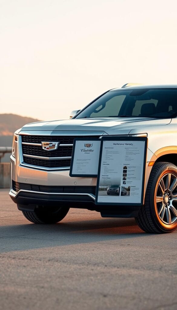 A gleaming 2024 Cadillac Escalade stands prominently in the foreground, its sleek chrome grille and bold bodylines capturing the eye. In the middle ground, a well-organized maintenance schedule and warranty details are displayed on a digital tablet, providing clear information about the vehicle's comprehensive coverage. The background features a serene, minimalist setting, allowing the Escalade and its supporting materials to take center stage. Warm, natural lighting and a slightly low camera angle emphasize the Escalade's powerful presence, while the overall composition conveys a sense of reliability, quality, and attention to detail that is synonymous with the Cadillac brand.