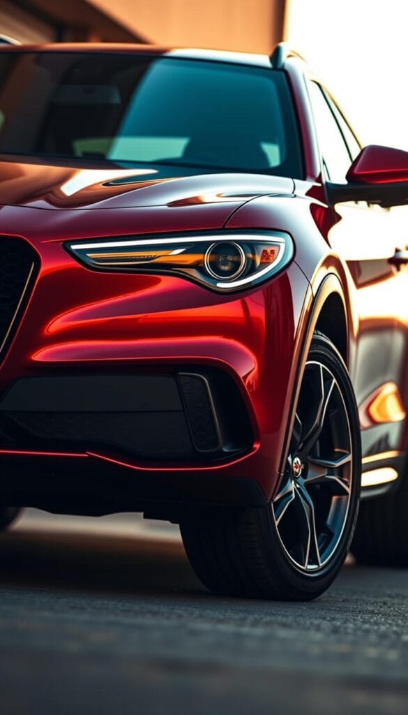 A gleaming Alfa Romeo Stelvio Quadrifoglio luxury SUV, its sleek and aerodynamic exterior design captured in striking detail. The car is positioned in a dramatic, low-angle perspective, showcasing its bold, sculpted lines and muscular presence. Warm, directional lighting accentuates the vehicle's striking grille, proud Alfa Romeo badge, and swept-back headlights. The mid-ground reveals the sculpted bodywork and elegant profile, while the background blurs softly, placing the focus entirely on the vehicle's striking design. The overall mood is one of elegance, power, and precision - a true representation of Alfa Romeo's commitment to craftsmanship and performance.
