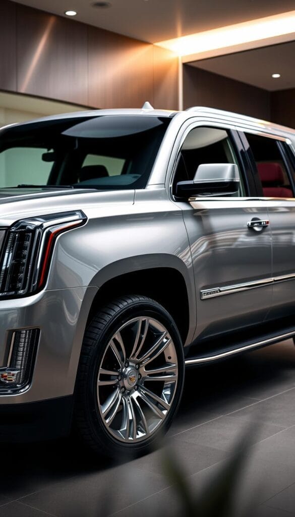 A gleaming Cadillac Escalade SUV, parked in a sleek, contemporary showroom with brushed metal accents and soft, ambient lighting. The luxurious interior is visible through the tinted windows, showcasing premium leather seats, a spacious cabin, and the latest infotainment system with a large, high-resolution touchscreen display. The SUV's bold, angular design and chrome trim exude an air of sophistication and power, hinting at the advanced driver assistance features and powerful engine lurking beneath the hood. A subtle depth of field blurs the background, drawing the viewer's eye to the stunning Escalade, the epitome of American luxury and technology in a sub-$100k package.