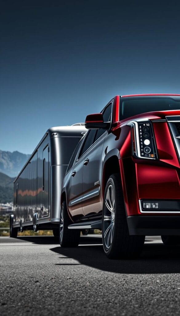 A gleaming Cadillac Escalade-V Series prominently displayed, its muscular frame and bold styling in the foreground. The vehicle's imposing presence is captured in a dynamic low-angle shot, highlighting its towering height and impressive towing capacity. In the middle ground, a large trailer is hitched to the Escalade, showcasing its formidable hauling abilities. The background features a scenic landscape, with mountains or cityscapes providing a majestic backdrop. The lighting is dramatic, creating deep shadows and highlights that accentuate the Escalade's bold design. The overall composition conveys a sense of power, luxury, and utility, perfectly encapsulating the Cadillac Escalade-V Series' towing capacity and versatility.