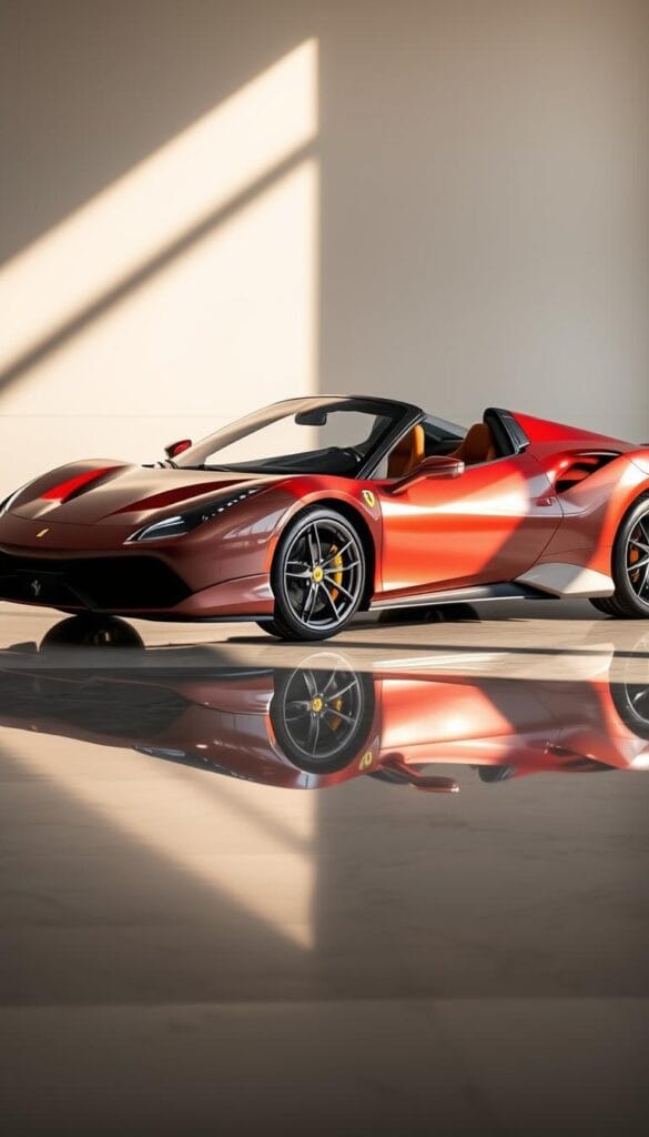A gleaming Ferrari SF90 Spider in a luxurious showroom setting. The car's curvaceous body gleams under soft, diffused lighting, showcasing its premium craftsmanship. The interior is visible through the open doors, revealing a cabin swathed in supple, hand-stitched leather and rich, polished wood accents. In the foreground, a shadowy reflection of the vehicle is cast on a polished marble floor, adding depth and dimension. In the background, a minimalist, neutral-toned wall provides a clean, sophisticated backdrop to highlight the vehicle's striking design. The overall scene radiates an atmosphere of exclusivity, attention to detail, and masterful automotive artistry.