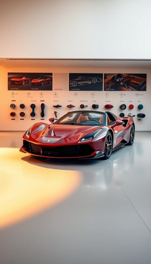 A gleaming Ferrari SF90 Spider in the foreground, showcasing its bold and dynamic design. The mid-engine supercar is parked in a sleek, modern showroom, bathed in warm, natural lighting that accentuates its curvaceous body panels and intricate carbon fiber details. The background fades into a muted, minimalist setting, allowing the vehicle to take center stage. An array of exclusive customization options are displayed around the car, including bespoke paint finishes, unique wheel designs, and specialized interior trim packages, all highlighting the extensive personalization possibilities for this high-performance Italian masterpiece.
