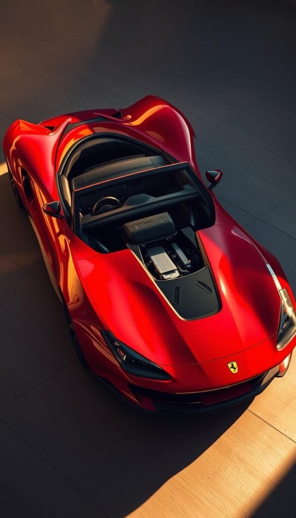 A gleaming Ferrari SF90 Spider, its curvaceous body and crimson red finish bathed in warm, golden light. The hybrid powertrain lies exposed, its intricate components and elegant engineering on full display. The scene is captured from a low, dynamic angle, emphasizing the sheer power and sophistication of this automotive masterpiece. Shadows play across the sculpted lines, creating a sense of depth and movement. The background fades into a soft, atmospheric blur, allowing the vehicle to be the focal point, a testament to the pinnacle of Italian automotive design and technology.