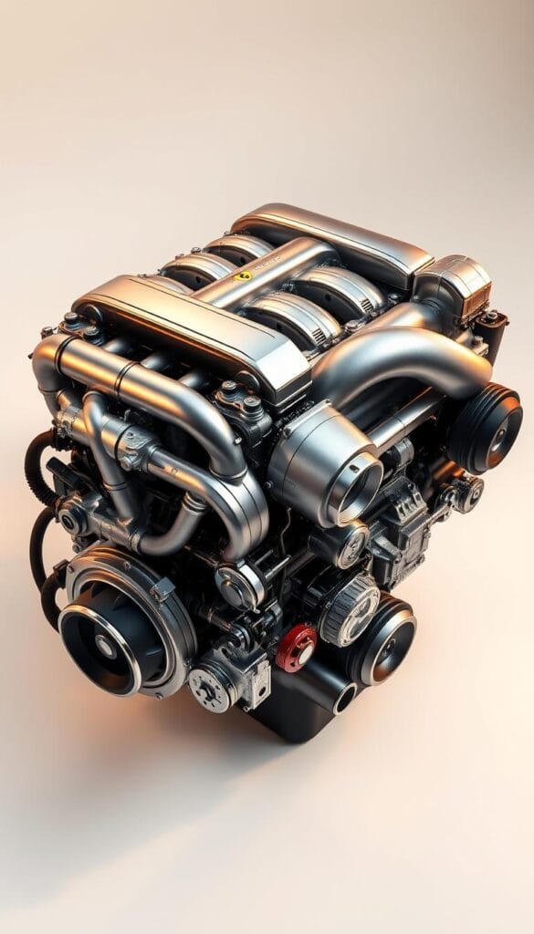 A gleaming Ferrari-derived V6 engine, its intricate mechanical components precisely engineered and artfully arranged. Sleek silver cylinders and polished metal parts shimmer under the warm glow of studio lighting, casting dramatic shadows that accentuate the engine's powerful presence. The turbocharger, fuel injectors, and other high-performance features are visible, hinting at the engine's exceptional capabilities. The background is clean and minimalist, allowing the V6 to take center stage and showcase its sophisticated Ferrari-inspired design and technology.