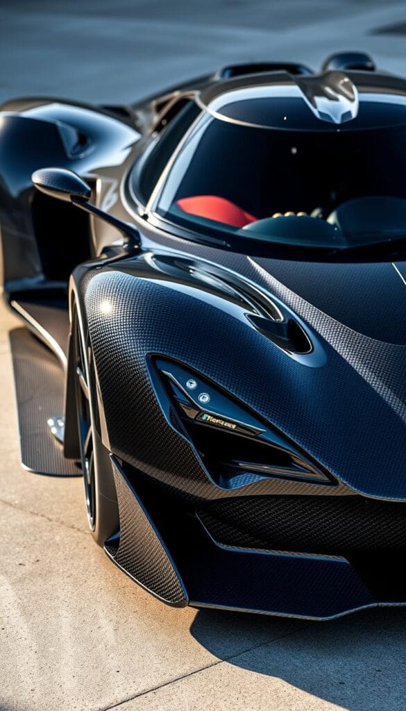 A gleaming Hennessey Venom F5 supercar, its carbon fiber body panels shimmering under the soft light. The sculpted aerodynamic forms flow seamlessly, hinting at the immense power and speed within. The front splitter, side skirts, and rear diffuser precisely engineered to channel air and maximize downforce. The intricate weave of the carbon fiber visible, a testament to the craftsmanship. The vehicle sits low and wide, poised and ready to dart forward. The background subtly blurred, keeping the focus on the mesmerizing lines and details of the Venom F5's carbon fiber aerodynamic mastery.