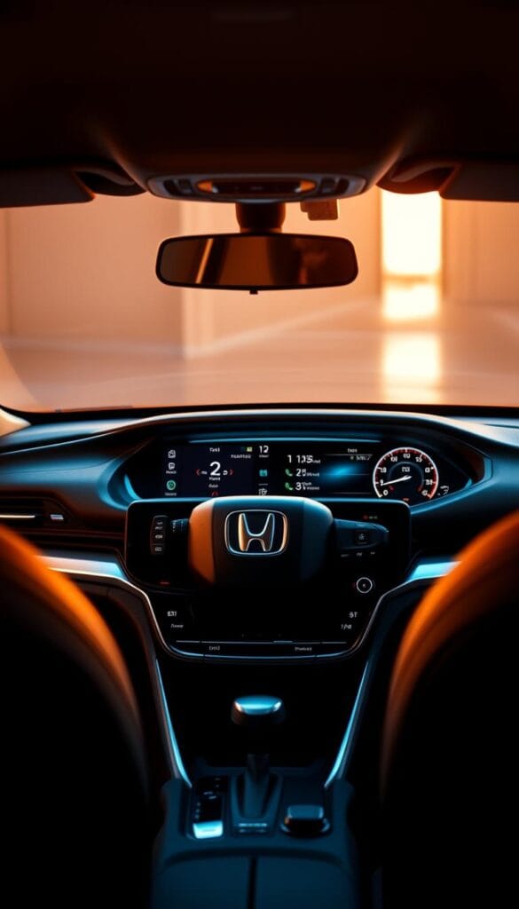 A gleaming Honda Accord Sport, its sleek silhouette illuminated by warm, diffused light. The interior, a showcase of advanced technology, with a large, high-resolution touchscreen display at the center, seamlessly integrated with the dashboard. Subtle ambient lighting accents the premium leather upholstery and the brushed metal trim, creating a sophisticated, futuristic atmosphere. The driver's instrument cluster is a digital marvel, displaying vital information in a clear, modern layout. IsCarOk