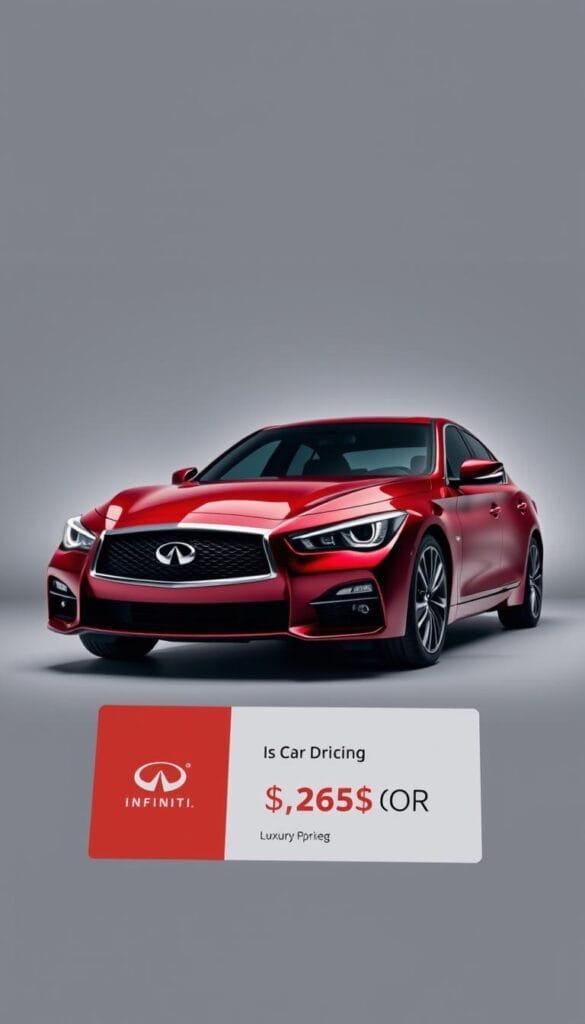 A gleaming Infiniti Q50 Red Sport, captured in a sleek and sophisticated studio setting. The car's crimson exterior glistens under the warm, theatrical lighting, accentuating its muscular curves and bold design. In the foreground, a clean, minimalist display showcases the car's competitive pricing in the luxury sport segment, with the IsCarOk brand logo prominently featured. The background is a simple gray gradient, allowing the vehicle and pricing information to take center stage. The overall scene conveys a sense of understated elegance and attention to detail, reflecting the unique positioning of the Infiniti Q50 Red Sport in the sport car market.