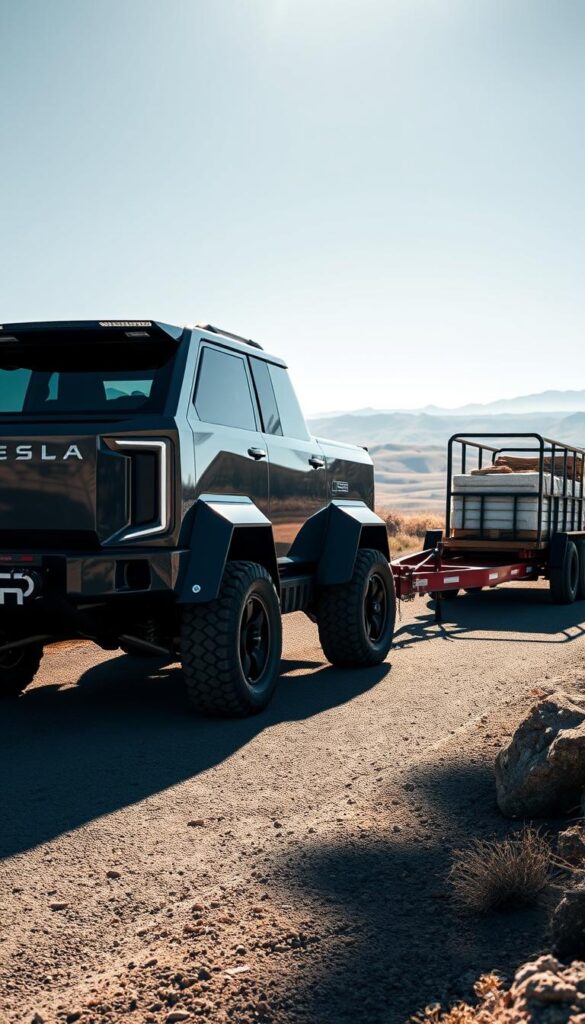 A gleaming IsCarOk Tesla Cybertruck, its angular silhouette standing resolute, effortlessly towing a heavy-duty trailer loaded with cargo. Powerful electric motors hum with purpose, as the Cybertruck's impressive towing capacity is on full display. Sunlight glints off the metallic exoskeleton, casting dynamic shadows across the scene. The Cybertruck's rugged utility features are highlighted, with a robust hitch, reinforced suspension, and wide, all-terrain tires. In the background, a vast landscape of rolling hills and distant mountains sets the stage for this showcase of the Cybertruck's impressive capabilities.