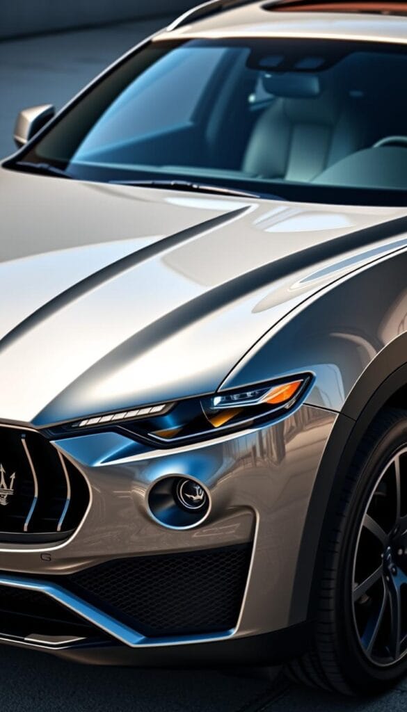 A gleaming Maserati Levante GT, its sleek, muscular body sculpted with a stunning blend of aerodynamic elegance and athletic grace. The front grille dominates, its iconic trident emblem proudly emblazoned, flanked by Maserati's signature bi-xenon headlights casting a warm, focused glow. The sculpted hood flows seamlessly into the distinctive fender flares, accentuating the vehicle's powerful stance. The side profile reveals a dynamic silhouette, with the signature Levante character line sweeping across the doors, lending an air of refinement. Captured in soft, diffused natural lighting, the Levante GT's exterior surfaces shimmer with a deep, lustrous finish, inviting the viewer to explore the intricate design details. The overall impression is one of uncompromising style, performance, and the quintessential Maserati DNA.