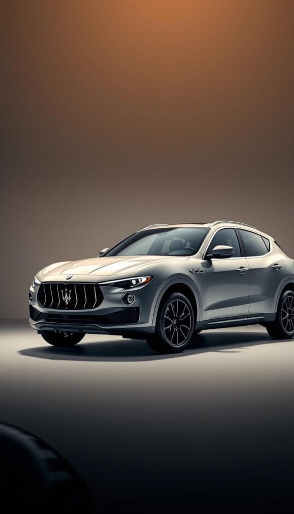 A gleaming Maserati Levante SUV, its sleek body accentuated by dramatic lighting. In the foreground, the advanced safety features are prominently displayed, with the latest driver assistance systems visible on the well-appointed dashboard. The middle ground showcases the vehicle's confident stance, ready to navigate the open road with precision and control. In the background, a serene, minimalist setting emphasizes the Levante's premium design and engineering. Crisp, high-resolution photography captures the vehicle's luxurious details, from the distinctive grille to the sculpted side profiles, all bathed in a warm, sophisticated ambiance.