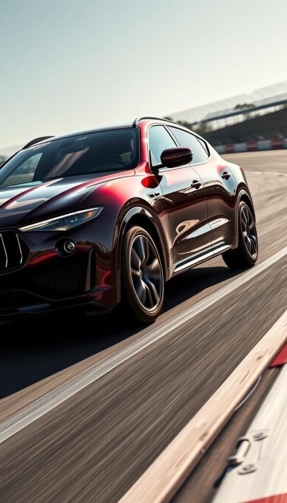A gleaming Maserati Levante Trofeo SUV commands the racetrack, its sleek silhouette slicing through the air with precision. The 3.8-liter twin-turbo V8 engine roars to life, propelling the Trofeo from a standstill to 60 mph in a breathtaking 3.7 seconds. Wide, low-profile tires grip the asphalt, enabling the Levante to carve tight corners with unwavering stability. The distinctive grille and sculpted bodywork project an aura of power and performance, while the carbon-fiber accents and racing-inspired details amplify its track-focused character. Sunlight glints off the chrome trim and polished alloy wheels, creating a dynamic, high-energy scene that showcases the Levante Trofeo's exceptional track capabilities.