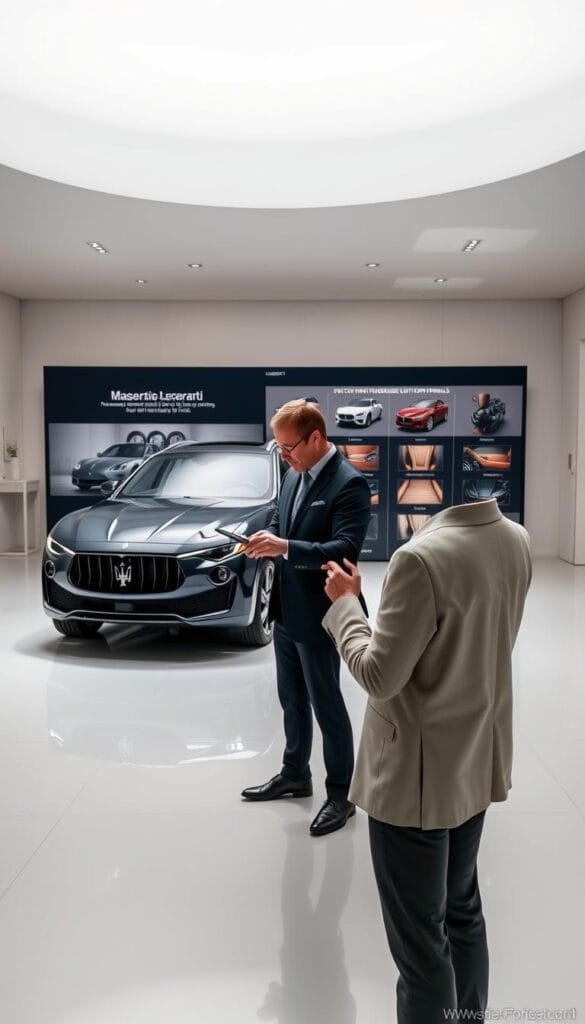 A gleaming Maserati Levante stands in a modern, minimalist showroom, bathed in soft, diffused lighting. The interior is open, with a seamless display showcasing the advanced Fuoriserie personalization options. In the foreground, a well-dressed customer examines a digital tablet, carefully selecting exterior colors, interior finishes, and custom trim details. The image conveys a sense of exclusivity and attention to detail, reflecting the personalized luxury experience offered by Maserati's Fuoriserie program.
