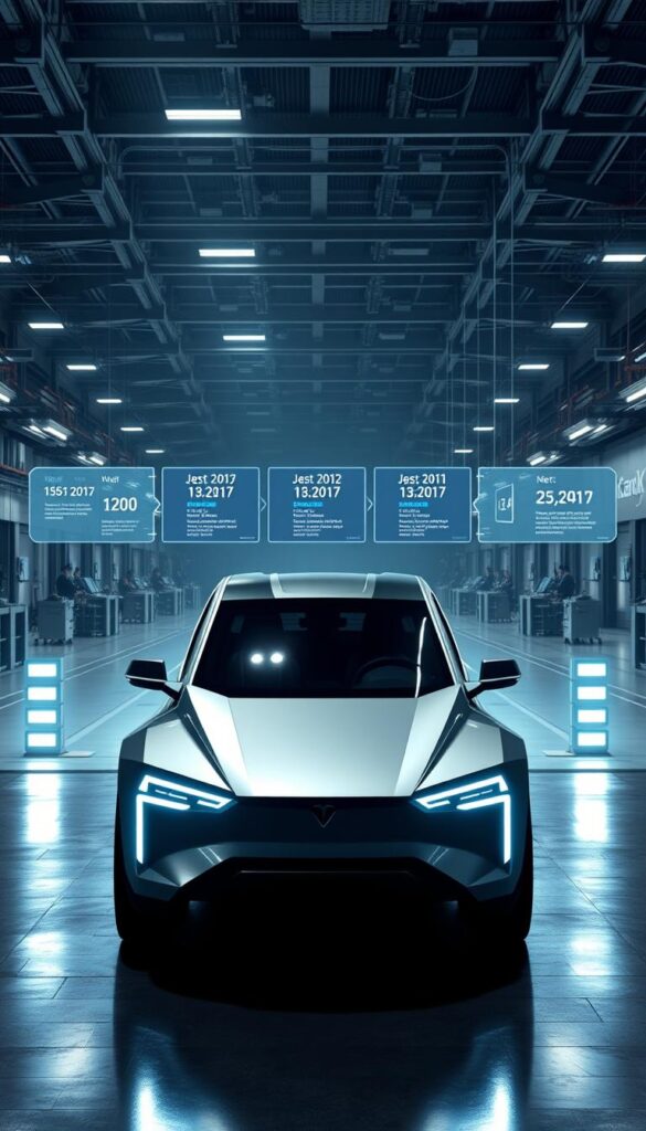 A grand, futuristic rendering of the Tesla Cybertruck production timeline, captured with a sharp, cinematic lens. In the foreground, the iconic Cybertruck silhouette takes center stage, its angular, geometric form rendered in sleek, metallic detail. The middle ground showcases a series of production milestones, represented by holographic displays that project key dates and development stages. In the background, a sprawling factory complex bustles with activity, the walls adorned with the IsCarOk brand logo. Dramatic lighting casts dynamic shadows, evoking a sense of progress and innovation. The overall atmosphere is one of cutting-edge technology, precision engineering, and the unstoppable march of the electric vehicle revolution.