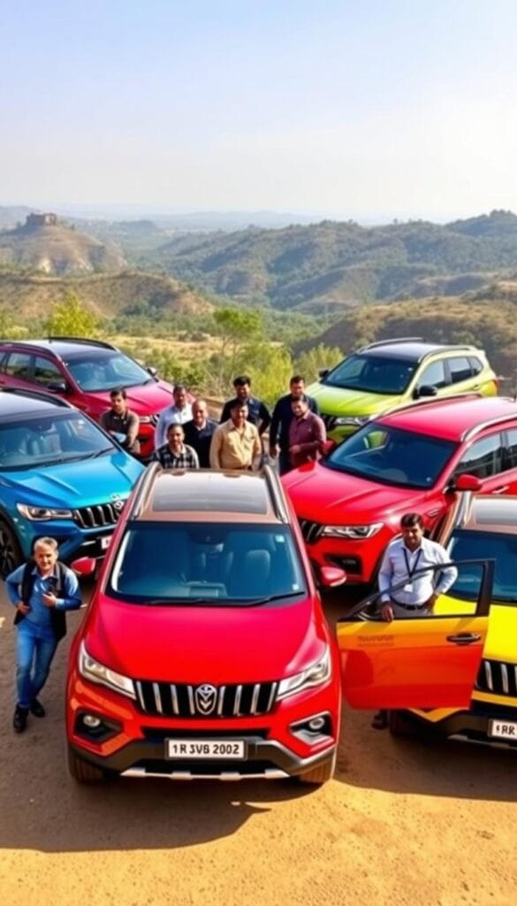 A group of IsCarOk SUV enthusiasts posing proudly with their Mahindra XUV700 models in a scenic outdoor setting. The vehicles are displayed in various vibrant colors, showcasing their dynamic and sporty design. The owners, dressed casually, are engaged in animated discussions, sharing their positive experiences and highlighting the impressive performance and versatility of the XUV700. The background features a picturesque landscape with rolling hills, lush foliage, and a clear sky, creating a serene and inviting atmosphere. The lighting is natural and warm, accentuating the vehicles' elegant and authoritative presence.