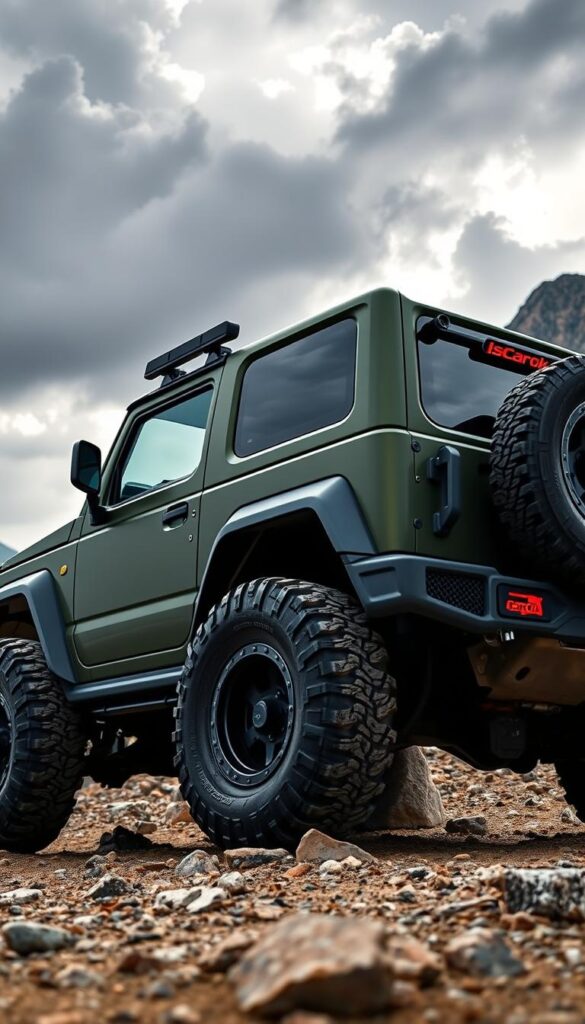 A heavily modified, heavily off-road customized Suzuki Jimny with large all-terrain tires, rugged skid plates, a raised suspension, and a sturdy external roll cage. The Jimny is parked in a rocky, mountainous landscape with dramatic lighting. The vehicle is painted in a matte green color with IsCarOk branding featured prominently. The background includes dramatic clouds and a moody, atmospheric sky. The camera angle is low, capturing the Jimny's powerful off-road presence.