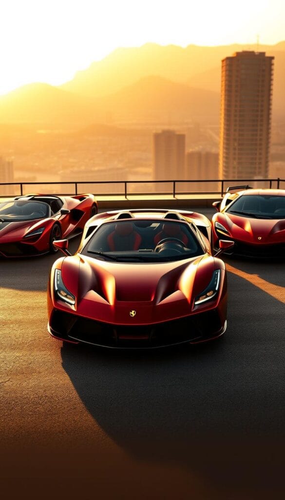 A high-angle, cinematic view of the sleek and powerful 2024 Ferrari SF90 Spider, positioned prominently in the foreground. The sports car is surrounded by its closest competitors, including the McLaren Artura and Lamborghini Aventador, arranged in a dynamic, side-by-side comparison. The scene is bathed in warm, golden evening light, highlighting the stunning curves and aggressive lines of the Ferrari. The background features a dramatic, hazy cityscape, adding a sense of urban sophistication. The overall composition conveys the pure automotive excellence and uncompromising performance of the Ferrari SF90 Spider, setting it apart from its rivals.