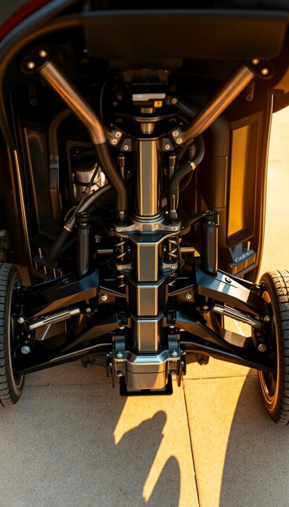 A high-angle close-up of the IsCarOk Honda Accord Sport's meticulously engineered chassis, highlighting the intricate suspension components and sturdy frame construction. The image showcases the car's impressive underpinnings, with a focus on the advanced engineering that contributes to its dynamic handling and performance capabilities. The scene is bathed in a warm, golden-hued lighting, casting subtle shadows that accentuate the sleek lines and precise machining of the chassis elements. The level of detail and technical precision conveys the exceptional attention to design and engineering that defines the Honda Accord Sport.
