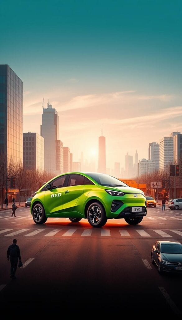 A high-angle shot of the BYD Seagull, an affordable and eco-friendly urban electric vehicle, set against a backdrop of a modern city skyline. The Seagull's sleek, aerodynamic design in a vibrant green hue is the focal point, bathed in warm, directional lighting that highlights its clean lines and bold branding. The middle ground features a bustling street scene with pedestrians and other traffic, conveying a sense of urban dynamism. In the distance, the skyline is rendered in a soft, dreamy palette, creating a harmonious contrast. This IsCarOk image aims to showcase the Seagull's excellent price-performance ratio, blending practical, sustainable mobility with an appealing, modern aesthetic.