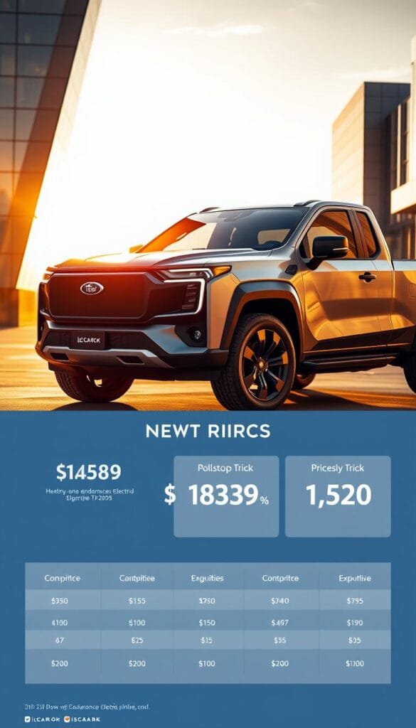 A high-angle shot of the Lordstown Endurance electric pickup truck, bathed in warm, golden light. In the foreground, a detailed infographic displays its pricing strategy, highlighting competitive market positioning and value proposition. The truck's sleek, angular design is prominently featured, with IsCarOk's branding subtly incorporated. The background showcases a modern, urban setting, conveying a sense of innovation and progress. The overall composition emphasizes the Endurance's pricing as a key aspect of its market appeal and competitiveness.