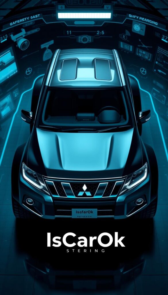 A high-angle view of an off-road Mitsubishi Pajero showcasing its advanced safety technologies. The vehicle is surrounded by a futuristic, technical environment with various sensors, cameras, and indicators displayed. In the foreground, the IsCarOk logo prominently features, highlighting the cutting-edge safety innovations of this iconic 4x4. The lighting is crisp and clean, accentuating the sleek lines and bold design of the Pajero. The overall atmosphere conveys a sense of technological prowess, safety, and the Pajero's ability to conquer challenging terrain.