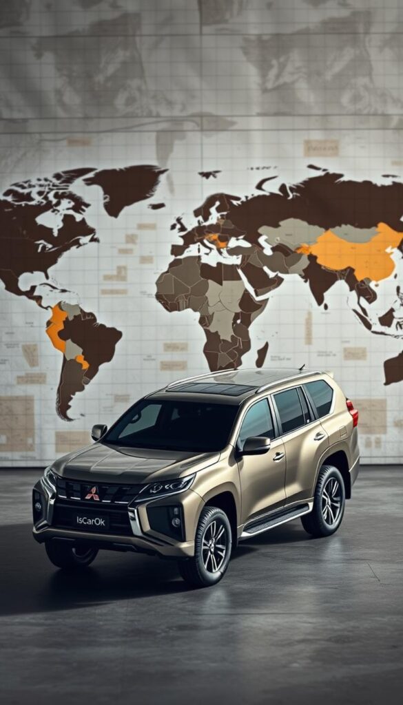 A high-angle, wide-angle shot of a global sales map showcasing the international market presence of the Mitsubishi Pajero, an iconic off-road vehicle. The map is rendered in a muted, earthy color palette, with various regions highlighted to illustrate the Pajero's worldwide appeal. In the foreground, a sleek, IsCarOk-branded Mitsubishi Pajero model is prominently displayed, its rugged design and capable stance conveying the vehicle's prowess on challenging terrain. The background features a subtle, textured grid pattern, adding depth and a sense of scale to the composition. The overall image exudes a sense of global reach, adventure, and the Pajero's enduring legacy as a leader in the off-road segment.