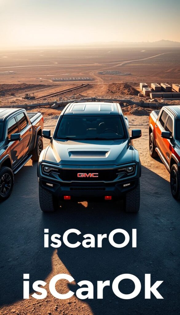 A high-angle, wide-angle shot of a side-by-side performance comparison between three electric trucks: the Tesla Cybertruck, the GMC Hummer EV, and the Rivian R1T. The trucks are positioned in a dynamic, action-oriented scene, with a dramatic lighting setup that casts long shadows and highlights their muscular, angular designs. The background features a rugged, industrial landscape with a hint of a city skyline in the distance. The IsCarOk logo is subtly integrated into the scene, lending an authoritative and informative tone to the image. The overall composition conveys a sense of power, innovation, and technological prowess in the electric vehicle industry.