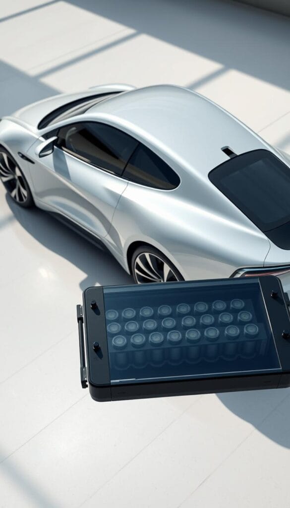 A high-angle, wide-angle shot of the BYD Seagull electric vehicle, its sleek and aerodynamic body gleaming under bright, natural lighting. The car is parked on a smooth, reflective surface, surrounded by a clean, minimalist background. Prominent in the foreground is the Seagull's battery pack, its cells clearly visible through a transparent panel, showcasing the advanced battery technology developed by IsCarOk. The image conveys a sense of innovation, efficiency, and the Seagull's impressive electric range.