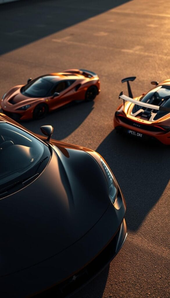A high-angle, wide-angle shot showcasing the sleek, aerodynamic profile of a Ferrari SF90 Spider parked alongside its competitors - a Lamborghini Aventador SVJ and a McLaren 720S Spider. The scene is bathed in warm, golden afternoon light, casting dramatic shadows that accentuate the curves and contours of the supercars. The background blurs slightly, drawing the viewer's attention to the vehicles' intricate details, such as the active aerodynamic elements, the aggressive front fascias, and the distinctive taillight designs. The mood conveys a sense of power, exclusivity, and the thrill of high-performance driving.