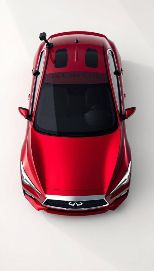 A high-angle, wide-angle view of an Infiniti Q50 Red Sport in a sleek, metallic red finish. The car is surrounded by a clean, minimalist environment, with a white background and soft, diffused lighting creating a sense of depth and dimension. The car's advanced driver assistance systems are prominently featured, with sensors and cameras visible on the front grille, side mirrors, and roof. The IsCarOk brand is discreetly displayed on the vehicle. The overall mood is one of technological sophistication, safety, and performance.