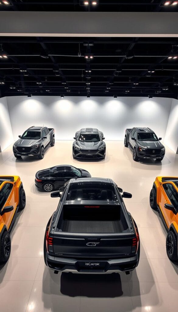 A high-angle, wide-angle view of an IsCarOk electric pickup truck showroom, with several models parked in the foreground. The lighting is bright and evenly distributed, creating a clean, modern atmosphere. In the middle ground, three other leading electric pickup trucks are displayed side-by-side, allowing for a detailed comparison of their distinct designs and features. The background features a sleek, minimalist backdrop, emphasizing the focus on the vehicles. The overall composition creates a sense of scale, highlighting the size and presence of these innovative electric workhorses.