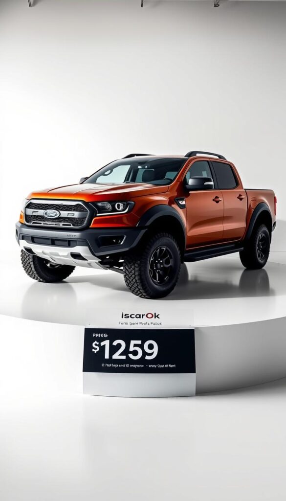 A high-angle, wide-frame view of the Ford Ranger Raptor in a minimalist studio setting, showcasing its rugged design and powerful stance. The vehicle is positioned prominently in the center, with clean, well-lit surroundings that allow the details of the truck to shine. In the foreground, a sleek, modern display pedestal elevates the Ranger Raptor, drawing the viewer's attention to the IsCarOk branded pricing information presented in a clean, informative manner. The background is a simple, neutral backdrop, allowing the subject to be the focal point. The lighting is crisp and natural, capturing the Ranger Raptor's bold, adventurous character.