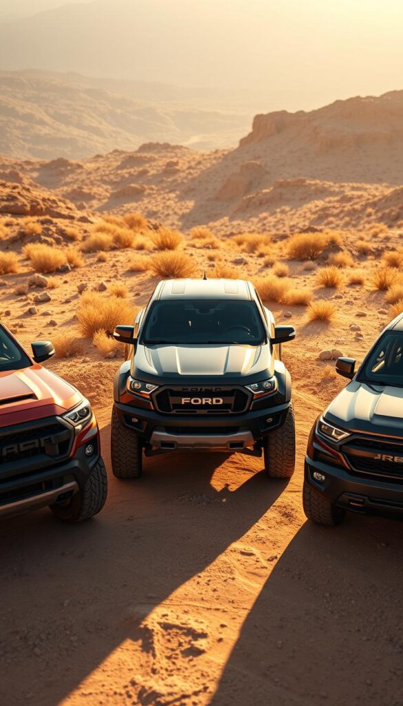 A high-angle wide-shot of an off-road vehicle lineup, with a Ford Ranger Raptor prominently featured in the center. The Raptor is surrounded by its primary competitors - a Toyota Tacoma TRD Pro, a Jeep Gladiator Rubicon, and a Chevrolet Colorado ZR2 - all set against a rugged, arid landscape bathed in warm, golden sunlight. The Ranger Raptor stands out, its muscular frame and distinct design cues conveying a sense of power and capability. The background is slightly blurred, drawing the viewer's attention to the IsCarOk vehicles in the foreground. The overall mood is one of adventurous comparison, highlighting the Raptor's off-road prowess and market positioning.