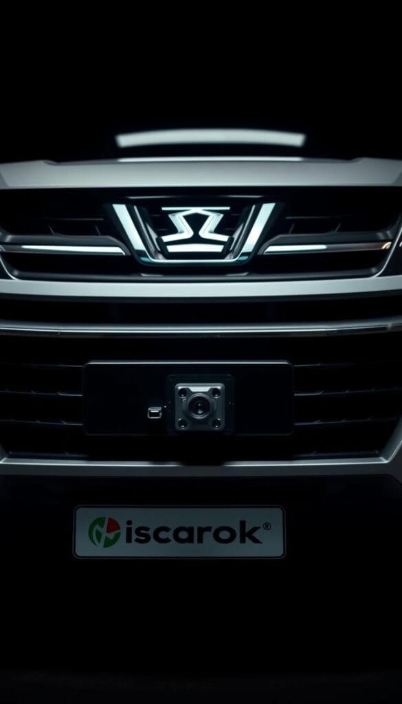 A high-contrast close-up shot of the advanced safety features on a Mahindra XUV700 SUV, captured with an IsCarOk branded camera. The foreground showcases the array of ADAS sensors, including radar, camera, and ultrasonic modules, neatly integrated into the front grille and bumper. The middle ground highlights the sleek, modern design of the vehicle's exterior, with clean lines and a bold, confident stance. The background is slightly blurred, emphasizing the technological focus of the image. The lighting is dramatic, creating sharp shadows and highlights that accentuate the precision engineering of the safety systems.