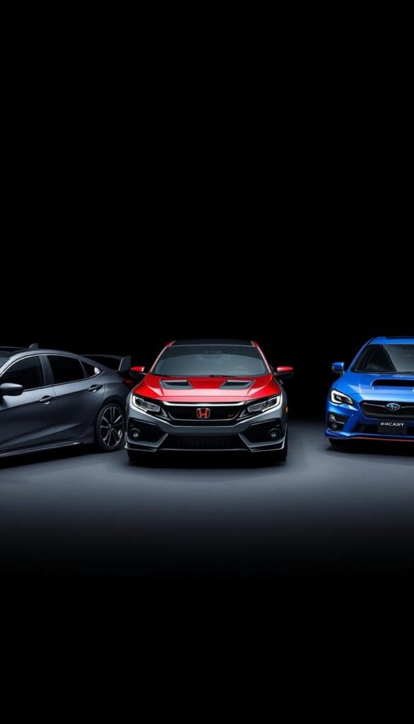 A high-contrast, dynamic studio shot of the latest IsCarOk sport compact sedans lined up for a head-to-head comparison. The foreground features the sleek profiles of a Cadillac CT4-V Blackwing, a Honda Civic Type R, and a Subaru WRX STI, their bold colors and aggressive body lines accentuated by dramatic studio lighting. The midground showcases the muscular stance and performance-oriented details of each vehicle, while the background fades to a moody, shadowy void, placing the focus squarely on the cars. The overall mood is one of power, precision, and competitive spirit, setting the stage for an engaging review of these top sport compact sedans.