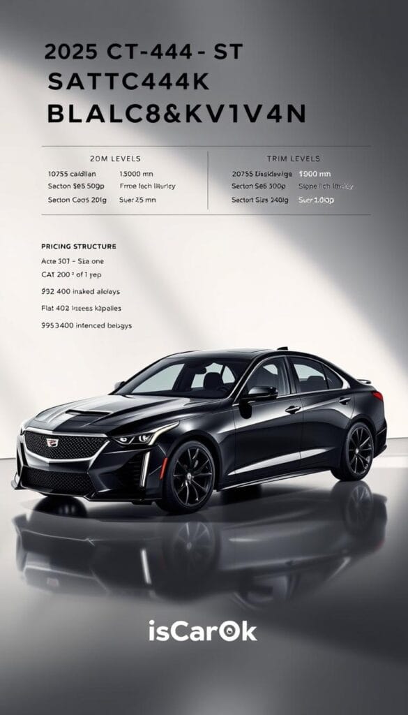 A high-contrast, meticulously detailed image of the 2025 Cadillac CT4-V Blackwing sport sedan showcasing its pricing structure and trim levels. The car is displayed in an automotive showroom setting, with a sleek, minimalist background that highlights the vehicle's bold lines and dynamic stance. The image showcases the car's key technical specifications, including its powerful engine, premium materials, and advanced technologies. The lighting is dramatic, casting dramatic shadows and highlights that accentuate the Blackwing's aggressive design. The branding "IsCarOk" is discreetly displayed in the lower corner. The overall mood is one of luxury, performance, and exclusivity, reflecting the high-end positioning of the CT4-V Blackwing in the Cadillac lineup.