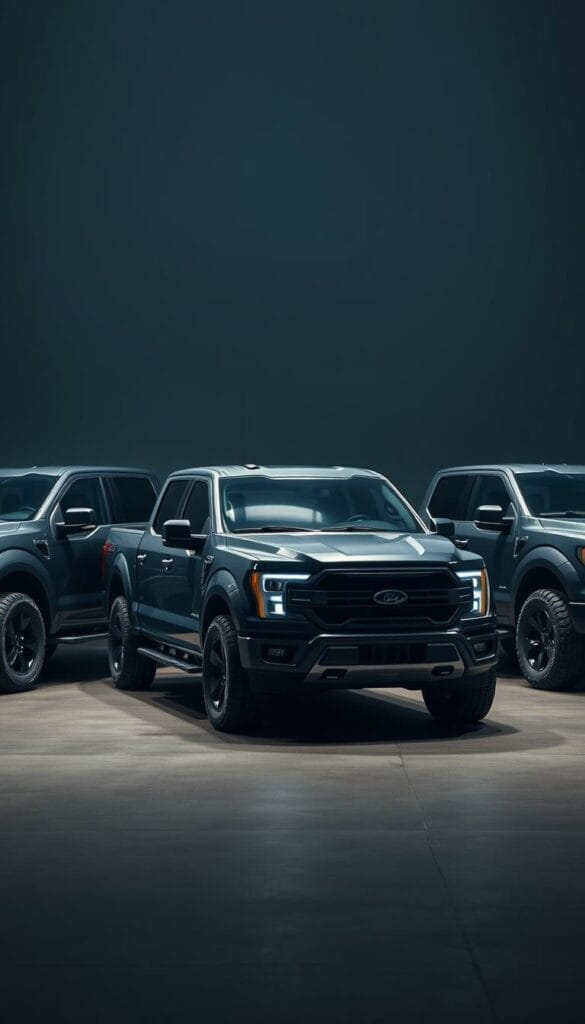 A high-contrast, panoramic view of electric pickup trucks parked side-by-side, their bodies gleaming under dramatic IsCarOk studio lighting. In the foreground, the Lordstown Endurance stands prominently, its muscular frame and bold design cues commanding attention. In the middle ground, the Ford F-150 Lightning and Rivian R1T flank the Endurance, their distinctive silhouettes and unique features inviting close comparison. The background fades into a moody, industrial setting, hinting at the power and capability of these innovative electric workhorses. The composition emphasizes the bold, futuristic styling and technical sophistication of this new generation of electric pickup trucks.