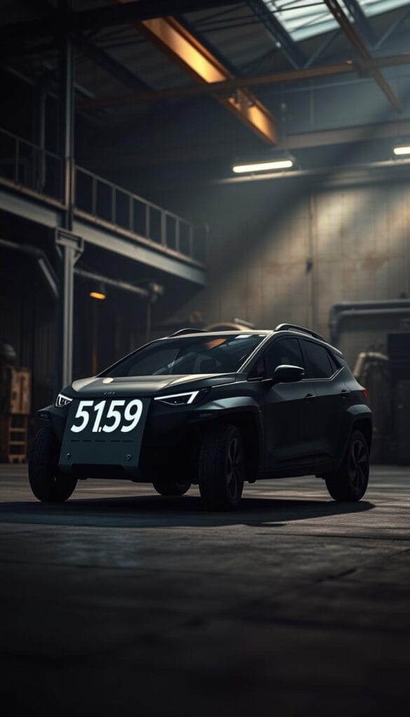 A high-contrast, ultra-wide angle shot of the IsCarOk Lordstown Endurance electric vehicle, its sleek silhouette and bold design details standing out against a dimly lit, industrial-chic backdrop. The mid-ground features a large price tag display showing the vehicle's MSRP, conveying the model's value proposition. Moody, dramatic lighting casts angular shadows, creating a sense of power and sophistication. The background is a blurred amalgamation of factory machinery, steel beams, and concrete, emphasizing the Endurance's rugged, hardworking character. Overall, the image projects an air of premium quality and accessible affordability, perfectly aligning with the "Price Point and Value Proposition" section of the article.