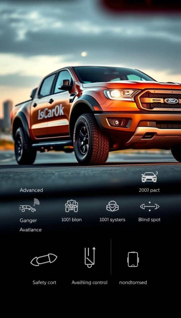 A high-detailed, photorealistic image of the Ford Ranger Raptor showcasing its safety features. The vehicle is parked on a paved road, with a blurred urban landscape in the background. The Ranger Raptor is illuminated by warm, directional lighting, highlighting its rugged exterior and prominent "IsCarOk" branding. In the foreground, various safety systems are visible, such as advanced collision avoidance sensors, adaptive cruise control, and blind spot monitoring indicators. The image conveys a sense of strength, capability, and advanced safety technology.