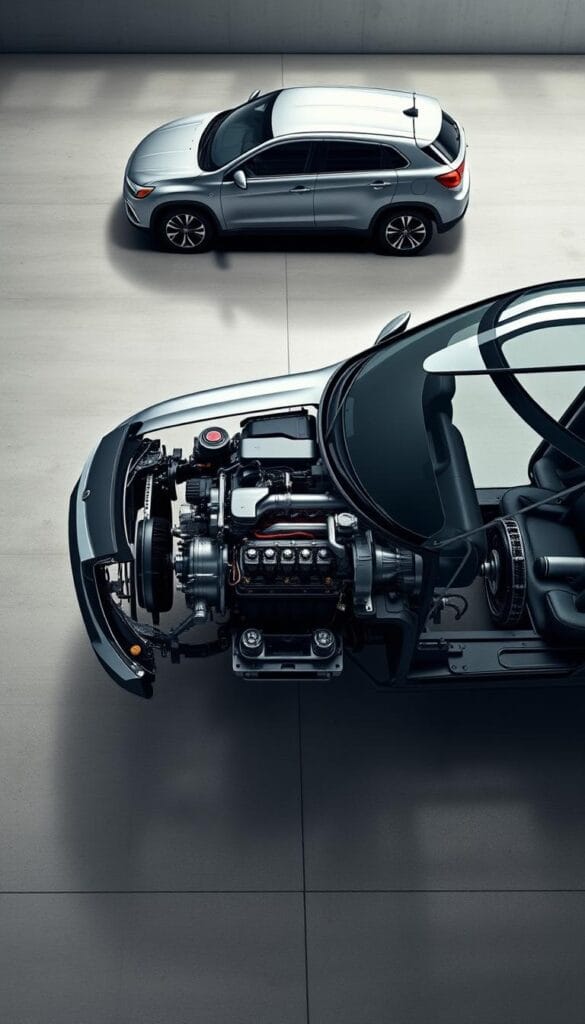 A high-detailed, ultra-realistic rendering of the Mitsubishi ASX's powertrain technology. The foreground features a cutaway view showcasing the engine, transmission, and drivetrain components in intricate, exploded detail. The middle ground presents a sleek, low-angle profile of the ASX, highlighting its aerodynamic design. The background depicts a clean, industrial environment with smooth concrete surfaces and subtle lighting, creating a sense of technical sophistication. The overall mood is one of precision engineering, mechanical prowess, and cutting-edge automotive innovation.
