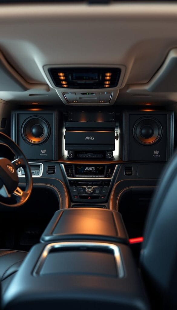 A high-end AKG Studio Reference Sound System prominently showcased in the luxurious interior of a Cadillac Escalade. The system's sleek, black components are meticulously detailed, with a focus on the precision-engineered drivers and amplifiers. The dashboard and center console are visible, providing context and emphasizing the seamless integration of the audio system. Warm, directional lighting highlights the premium materials and craftsmanship, creating a sense of sophistication. The camera angle captures the system from a slightly elevated perspective, allowing the viewer to appreciate its scale and dominance within the Escalade's cabin. The overall mood is one of refined automotive audio excellence.