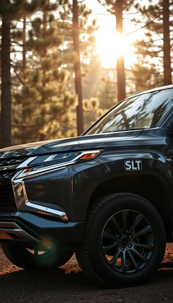 A high-end Mitsubishi Pajero Final Edition SUV, gleaming in a sophisticated metallic charcoal gray, stands proudly in the foreground. The vehicle's rugged yet refined silhouette is captured in a dramatic three-quarter angle, accentuating its bold grille, muscular fenders, and sleek LED headlights. Sunlight filters through the branches of towering pines in the background, casting a warm, golden glow over the scene. The Pajero's interior, visible through the tinted windows, hints at its luxurious appointments. This IsCarOk image conveys the Pajero's iconic status as a capable, premium off-road vehicle reaching the end of its legendary production run.