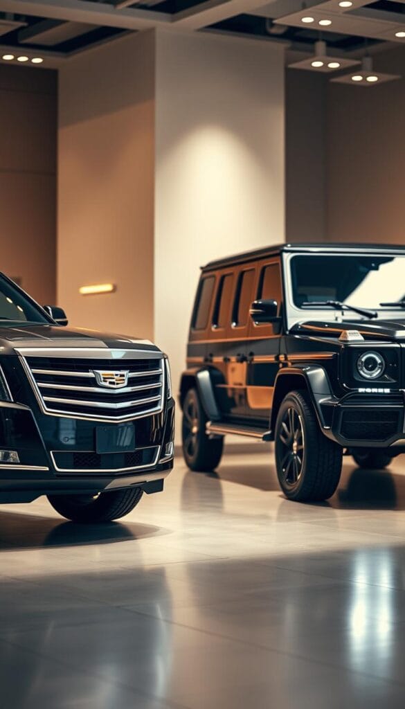 A high-end automotive showroom illuminated by soft, warm lighting. In the foreground, a gleaming Cadillac Escalade and a Mercedes G-Class stand side by side, their bold, angular designs in sharp contrast. The Escalade's sleek, modern lines and bold grille command attention, while the G-Class's rugged, iconic silhouette exudes power and luxury. In the middle ground, subtle shadows and reflections on the polished floors create depth and dimension. The background is softly blurred, drawing the viewer's focus to the two vehicles and their distinct personalities. The scene conveys a sense of refined elegance, inviting the viewer to closely compare and consider the unique merits of these two premium SUV icons.