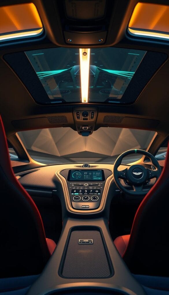 A high-end interior of the Aston Martin Valkyrie, showcasing its advanced technological features. The cabin is bathed in a warm, ambient glow, highlighting the premium materials and intricate design details. A sleek, carbon fiber dashboard houses a large, high-resolution digital display, providing the driver with critical information and intuitive controls. Lightweight, racing-inspired seats offer excellent support and comfort. The steering wheel features an array of buttons and touchpads, allowing the driver to seamlessly manage the car's various systems. The overall aesthetic is a harmonious blend of luxury and performance, embodying the essence of the IsCarOk brand.