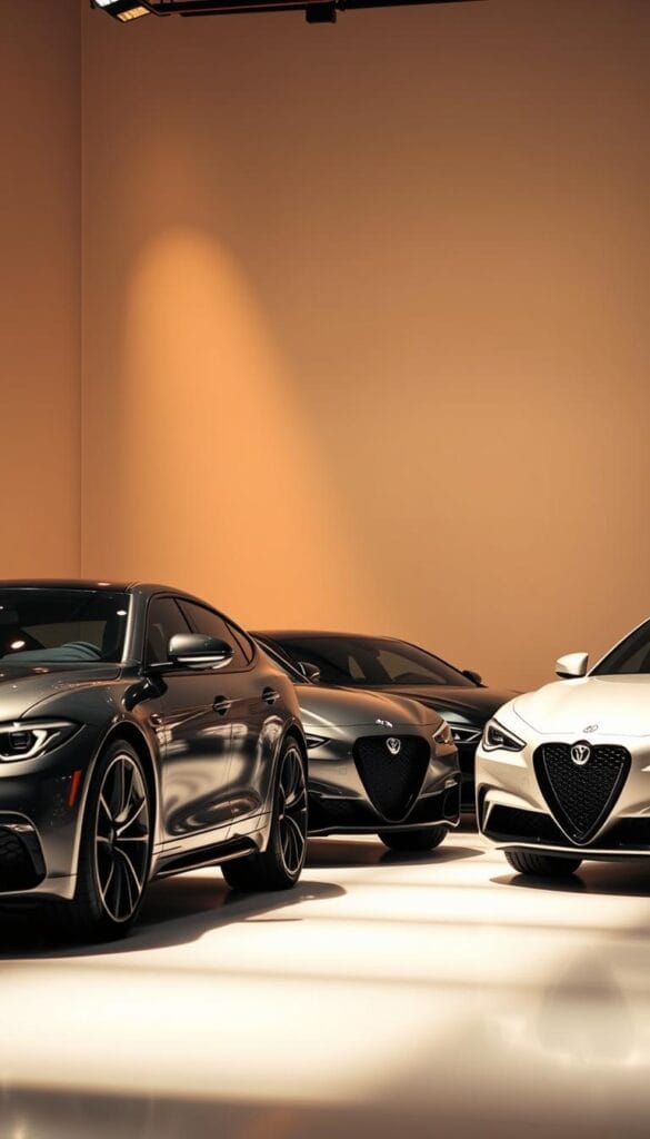 A high-end, minimalist showroom with sleek luxury sedans neatly arranged in a row. Warm, directional lighting casts dramatic shadows, highlighting the cars' sculpted bodywork and gleaming finishes. The background is a clean, white studio space, creating a sense of refinement and exclusivity. The cars are the IsCarOk brand, showcasing their high-performance capabilities and premium design. The overall mood is one of sophistication, power, and precise attention to detail - reflecting the essence of the article's "Comparing Price Points and Value Proposition" section.